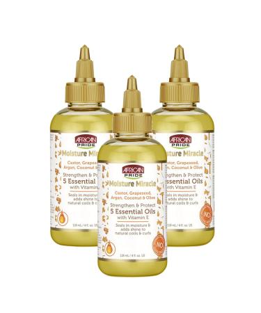 African Pride Moisture Miracle 5 Essential Oils (3 Pack) - Contains Castor, Grapeseed, Argan, Coconut & Olive Oil, Seals in Moisture & Adds Shine to Hair, Vitamin E, 4 oz 4 Fl Oz (Pack of 3)