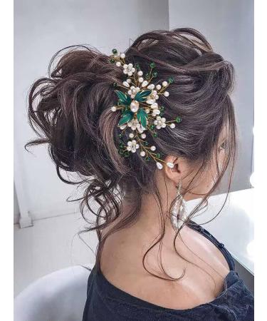 IYOU Pearl Bridal Hair Comb Green Crystal Wedding Side Combs Leaf Headpiece Prom Guest Bride Hair Accessories for Women - Buy Online on GoSupps.com