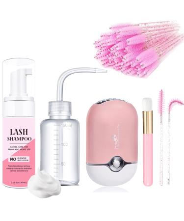 AREMOD Lash Shampoo for Lash Extensions Eyelash Extension Cleanser with USB Lash Fan,50ml Lash Shampoo,Mascara Brush,Nose Blackhead Facial Cleaning Brush and Wash Bottle for Eye Makeup Remover(PINK)