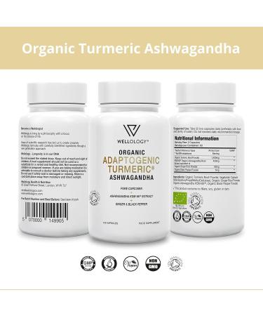 Organic Turmeric Capsules with Ashwagandha & Ginger - 1800mg High Strength Formula for Adaptogenic Support - 120 Vegan Tablets by Wellology - Buy Online on GoSupps.com