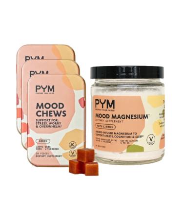 PYM Berry Mood Chews (60ct) & Mood Magnesium Powder (30 Servings) Bundle - Support for Stress Worry & Overwhelm | Non-GMO Gluten-Free Vegan | All-Natural Mood Balance Supplements Made in The USA!