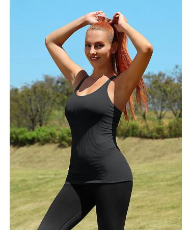 ATTRACO Ribbed Tank Top with Built-In Bra | Racerback Scoop Neck Athletic Top - Black - Large - Buy Online on GoSupps.com