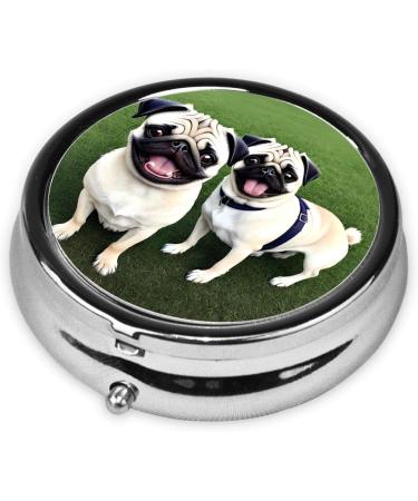 Mini Metal Pill Box - Round Travel Medicine Organizer | Funny Happy Pug Dog Design | Perfect for Purse & Pocket - Buy Online on GoSupps.com