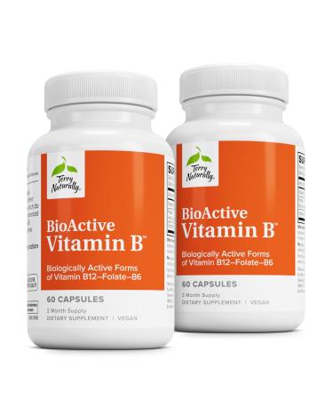Terry Naturally BioActive Vitamin B - Aid Heart Health with Bioactive B Vitamins - Supplement with Folate & Calcium - B Complex Vitamin to Aid Nervous System Function - 60 Capsules (Pack of 2)