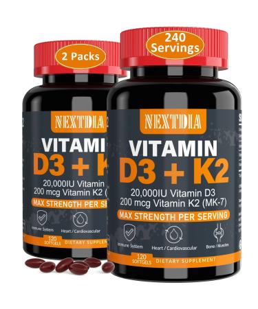 Vitamin D3 20 000 IU + K2( MK7 ) 200mcg - Once Daily Dose Optimal Level -Support Strong Bone Immune Health & Calcium Absorption Helping Vitamin D Deficiencies Easy to Swallow 240 Servings Softgel