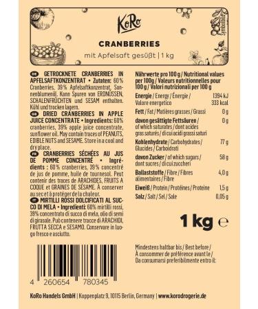 KoRo - Sweet cranberries with apple juice 1 kg - Natural and unsulphurized dried fruits without artificial additives - Buy Online on GoSupps.com