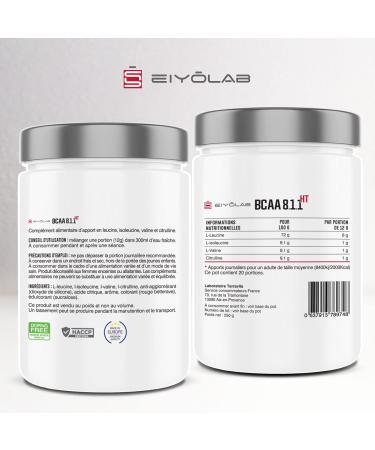 BCAA 8.1.1 | Amino Acids Powder | 8 g Leucine + 1 g Citrulline per Dose | Building and Muscle Recovery | Effective Against Lactic Acid | Red Fruits 250g Sugar Free | Eiyolab - Buy Online on GoSupps.com