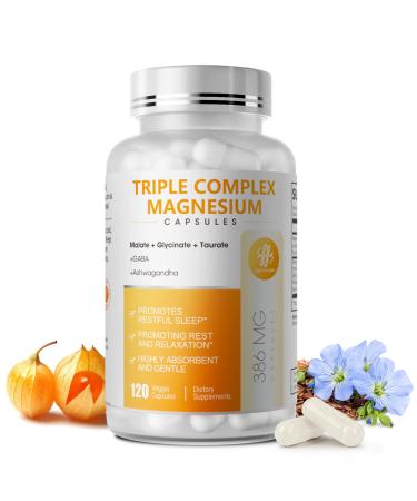 Triple Magnesium Complex - Magnesium Glycinate Taurate & Malate Supplement with Omega3 Ashwagandha GABA for Sleep Brain Heart & Muscle Support - High Absorption and Gentle Vegan 120 Capsules 120 Count (Pack of 1)