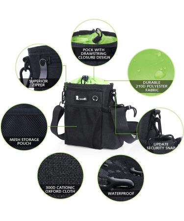 Pecute 4-in-1 Waterproof Dog Feed Bag - Snack & Treat Holder with Poop Bag Holder Adjustable Strap & Foldable Water Bowl (Black/Green) - Buy Online on GoSupps.com