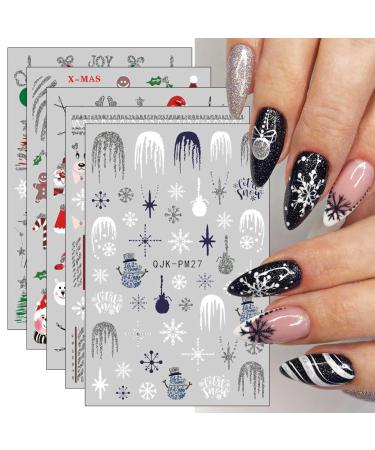 JMEOWIO 10 Sheets Glitter Christmas Nail Art Stickers Decals Self-Adhesive Snowman Snowflake Winter Holiday Black Nail Supplies Nail Art Design Decoration Accessories