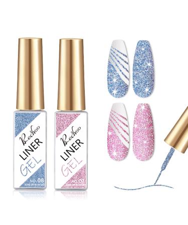 Rechoo 2pcs Liner Nail Gel Polish-10ml Blue & Pink Reflective Glitter Gel Polish For French Nail Art Sparkly Shinny Soak off Shellac Gel for Nail Design Beginners and Professionals G-2-Blue & Pink Glitter