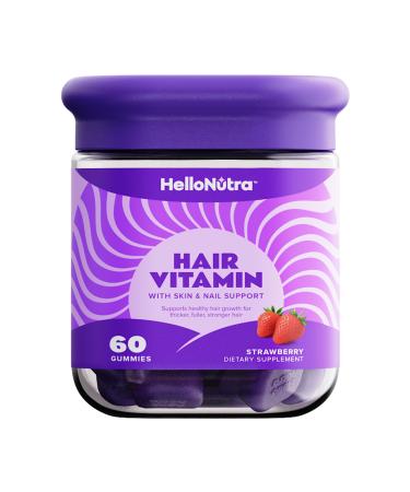 HelloNutra Hair Vitamin Gummies | Hair Growth Skin & Nails Support | Biotin 6000mcg Bamboo Silica Keratin Collagen MSM Zinc & Antioxidant Vitamin A (as Beta Carotene) | Strawberry | 60 Gummies