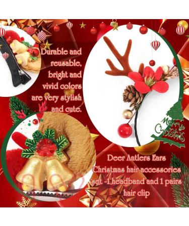IYOU Christmas Headband with Hair Clips Red Reindeer Antlers Hair Band Red Berry Pine Cone Xmas Headwear Hair Accessories for Adult Kids - Buy Online on GoSupps.com
