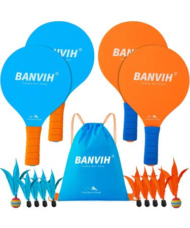 Paddle Ball Games Outdoor Indoor Sports Toys Set - 4 Racquets, 10 Birdies, Drawstring Bag - for Beach, Yard, and Lawn Play - for Kids Teen Boys Adults and Family