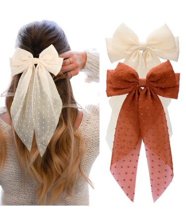 Large Hair Bows for Women CEELGON 2PCS Big Bow Clips for Girls French Barrette Bowknot with Long Tail for Women(Coffee Beige)