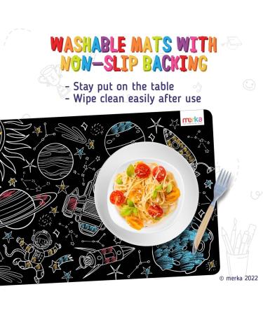 Merka Kids Coloring Placemats Set - 4 Reusable Mats with Chalks, Space & Alphabet Design - Buy Online on GoSupps.com