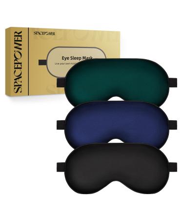 Sleep Mask, Silk Eye Mask for Sleeping with Adjustable Strap, Satin Blackout Sleeping Eye Mask for Men&Women, Comfortable Blindfold Eyeshade for Night Sleep (Black,Blue,Green) Black & Blue & Dark Green