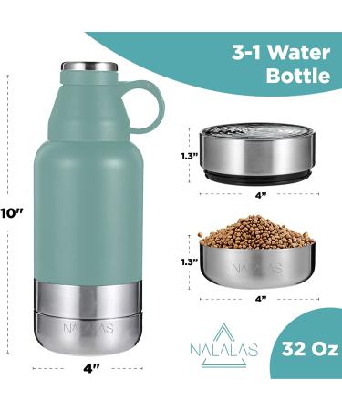 NALALAS 3-in-1 Portable Dog Water Bottle - Large 32oz Insulated Travel Bottle with Dog Water and Food Bowls - Teal - Buy Online on GoSupps.com