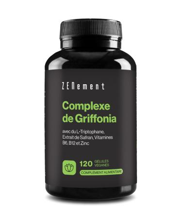 Griffonia with L-Tryptophan Saffron Extract Vitamins B6 B12 and Zinc - 120 Vegan Capsules - Laboratory Tested - Nervous System Psychological Function - No Additives No GMO - Zenement