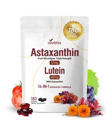 14-in-1 Astaxanthin 12mg & Lutein 40mg with Zeaxanthin Supplements, 6 Month Supply, Fresh Microalgae Source, Supports Eye, Skin, Antioxidant, Joint, Circulatory Health Non-GMO Gluten Free 180 Softgels 1 Bag | 180 Softgels