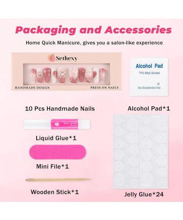 Sethexy Long Coffin False Nails - Handmade Glittering 3D Crystal Heart Chain Press-On Acrylic Nails for Women & Girls - Perfect for International Shipping - Buy Online on GoSupps.com