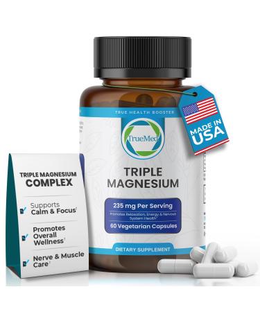 Truemed Triple Magnesium Complex Supplement 235mg with Magnesium Citrate Malate & Lysinate Chelate | Magnesium Supplement for Sleep Muscle Relaxation Energy & Nerve Support | 60 Capsules USA Made