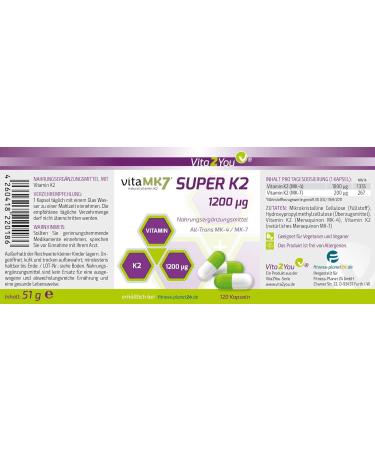 Vita2you Super K2 1200 g Vitamin K2 - Original Vitamk7 - High-Dose MK-7 & MK-4 (99% All Trans) - 120 Premium Quality Capsules - International Shipping Available - Buy Online on GoSupps.com