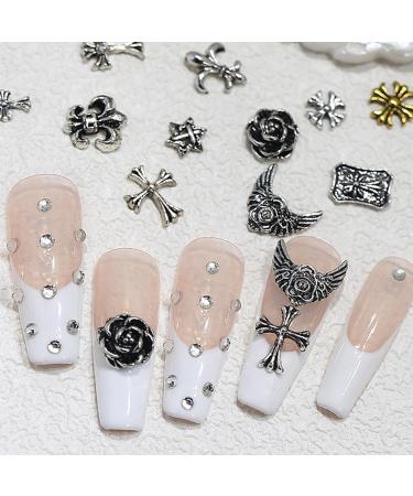 Lofuanna 180 Pcs Cross Nail Charms - 3D Chrome Goth Nail Accessories | 36 Styles Rhinestones & Metal Decorations for Unique Nail Art - Buy Online on GoSupps.com