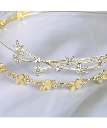 2 Jewelled Vine Hairpieces Gold Metal Headband Charm Hair Hoop Headdress Vintage Decorative Headwear Elastic Fashion Hair Accessories Women Girl Daughter(rhinestone stars+opal three-petal flowers) - Buy Online on GoSupps.com