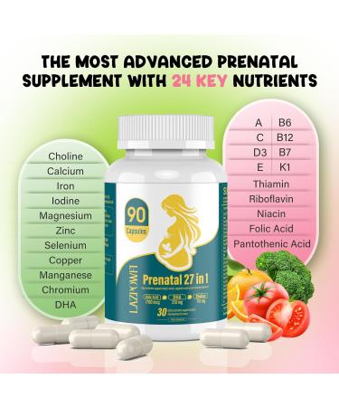 Lazpowfi Prenatal Vitamins for Women Postnatal Multivitamin with Folic Acid DHA Choline for Pregnant and Breastfeeding Women Niacinamide Biotin and Minerals 27 in 1 Supplement 90 Capsules-30 Servings - Buy Online on GoSupps.com