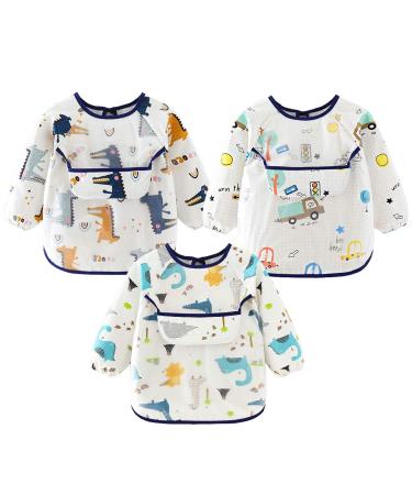 Discoball 3 Pcs Baby Bibs with Sleeves Waterproof Feeding Bib Unisex Baby Dribble Bibs Painting Apron Bibs Adjustable Closure with Large Pocket for Infant Toddler 6 Months to 3 Years Old White