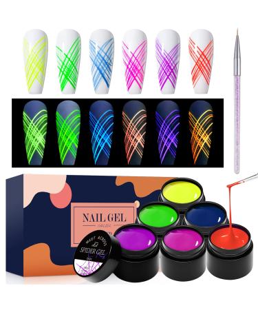 6 Colors Luminous Spider Gel, Glow In The Dark Nail Art Drawing Gel for Line, Painting Elastic Drawing Spider Gel for Nail Art, Soak off UV LED Nail Gel, DIY Nail Art Manicure with Brushes