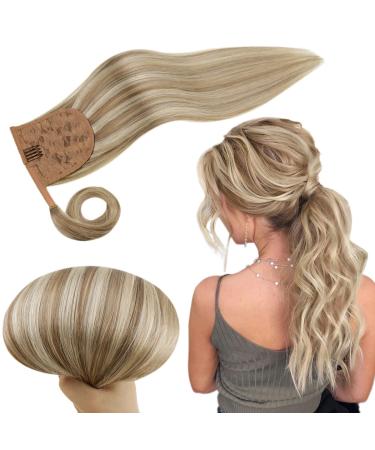 RUNATURE Human Hair Ponytail Extension Straight Ponytail Human Hair Extensions Ash Brown Highlighted Platinum Blonde Clip in Ponytail Hair Extensions Human Hair with Magic Paste 12 Inch 70g 12 B-Ponytail-8P60