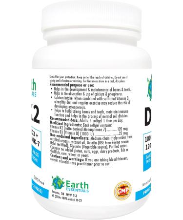 Earth Essentials Vitamin D (1000 IU) + Vitamin K2 (120 mcg) BONUS SIZE - 150 Softgels (120 + 30 FREE) - Buy Online on GoSupps.com
