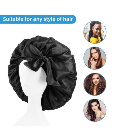 Satin Hair Bonnet for Sleeping - Jumbo Size Black Silk Bonnet for Long Curly Hair | Women's Tie Band Bonnet - Buy Online on GoSupps.com