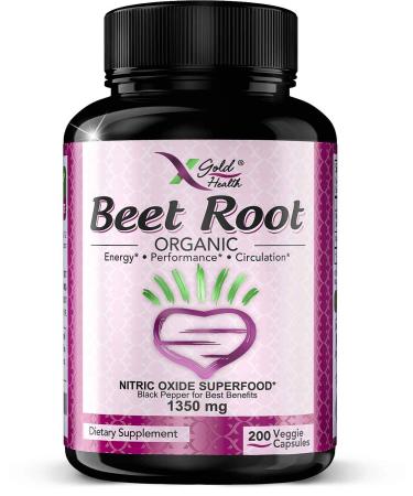 Strongest Premium Organic Beet Root Powder 1350mg 200 Veggie caps Superfood Nitric Oxide Supplement Natural Nitrates w/Black Pepper for Best Benefits - Circulation, Heart Health, Athletic Performance