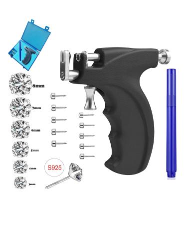 Professional Ear Piercing Gun Kit Reusable for Body Nose Lip Piercing with 16 Pairs Hypoallergenic Earrings (6 Pairs Sterling Silver Stud Earrings 18K White Gold Plated+10 Pairs Gun Stud Earrings) Black-White Gold