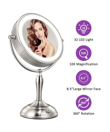 Mirrormore 8.5 Large Vanity Mirror with 40 Dimmable LED Lights, 1X/10X Magnification, 3 Light Colors, Senior Pearl Nickel Finish - 360 Rotation, Power Saving Supply - Buy Online on GoSupps.com