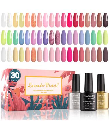 Lavender Violets Gel Nail Polish Kit 27+3 Colors Pink Brown and White Soak-off UV LED Nail Gel with Base Matte and Glossy Top Coat Amaranth Pink