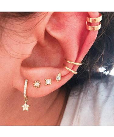 Missgrace Multiple Piercings Cute Big Hoop Elegant Rhinestones Earrings Set Vintage Star Earring Set Bohemian Earrings Stud Earrings Gold Punk Chain Earrings Set for Women and Girls (Style 3)