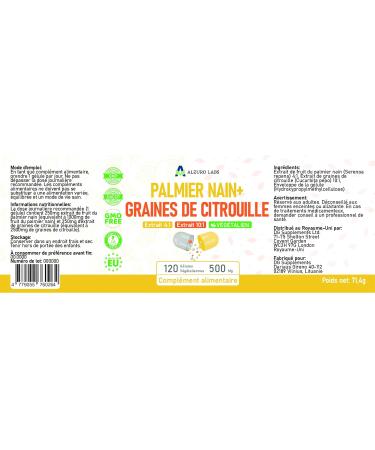 Saw Palmetto (Palmier Nain) & Graines de Citrouille | 500 mg extrait (4:1 et 10:1) | 120 v g capsules | soutien de la prostate et des voies urinaires | Test en laboratoire | Certifi GMP - Buy Online on GoSupps.com