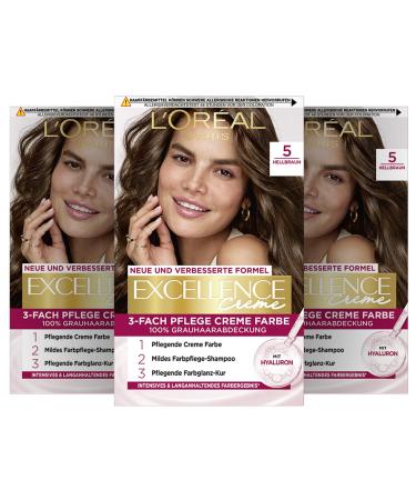 L'Or al Paris Permanent hair color 100% gray hair cover hair dyet with coloring shampoo and 3 -way care cream color excellence cream 5 light brown 3 x 268 g No. 5 - light brown pack