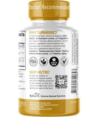 Nutri Organic Turmeric Supplement 1425mg - 40x More Bioavailable - 95% Pure Curcuminoids - Turmeric Curcumin with Black Pepper Ginger & Turmeric Oil - 90 Count Capsules 3rd Party Tested - Buy Online on GoSupps.com