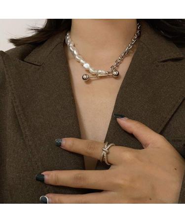 Missgrace Silver Punk Chains Necklace for Goth Women Teen Girls Boys Layered Pearls Pendants Necklaces Set Alloy Jewelry