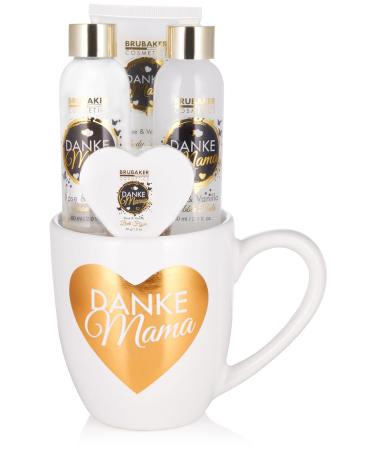 Brubaker Cosmetics - Thanks Mama - 5 -part shower and bathing set with roses vanilla fragrance - mother gift set in coffee cup with heart decor - white gold white -gold gift set in cup