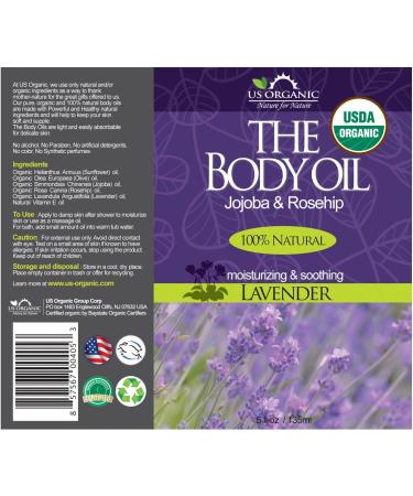 US Organic Lavender Body Oil - 5 Fl.oz. - Certified Organic with Jojoba, Rosehip Oil, Vitamin E - No Alcohol, Paraben, Artificial Detergents - Natural Scent - Buy Online on GoSupps.com