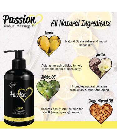 Passion Sensual Massage Oil for Couples - Lemon Cr me Scent - All Natural Body Oil with Almond & Jojoba Oil for Romance & Relaxation - 8oz - Buy Online on GoSupps.com