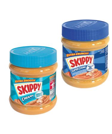 SKIPPY 2x 340g peanut butter | 1x Creamy + 1x Crunchy | Peanut Butter Without Palm Oil | Extra smooth and crunchy - Buy Online on GoSupps.com