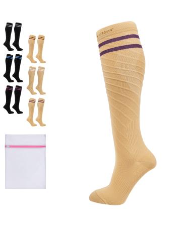 360 RELIEF - Flight Compression Socks Supports | Blood Circulation Travel Work L-XL Beige with 2 Plum Purple lines