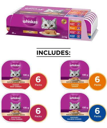 WHISKAS Adult Wet Cat Food Variety Pack Pat - Chicken Salmon Beef and Whitefish & Tuna 100g Trays (24 Pack) Cat Food Beef - Chicken - Salmon - Whitefish & Tuna 100 g (Pack of 24) - Buy Online on GoSupps.com